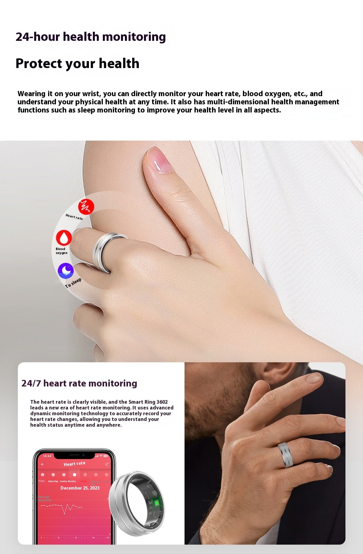 Smart Ring for Men and Women: Heart Rate, Blood Oxygen Monitoring, Multi-Sport Modes, IP68 Waterproof, Smart Ring for Android and iOS